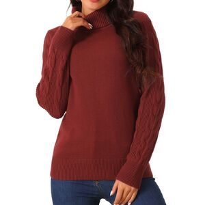 High Neck Long Sleeve Casual Chunky Warm Pullover Sweater Top Wine Red